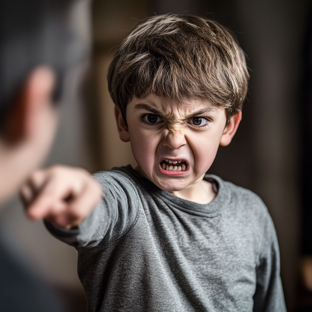 Un niño enfadado señalando a su padre | Fuente: Midjourney