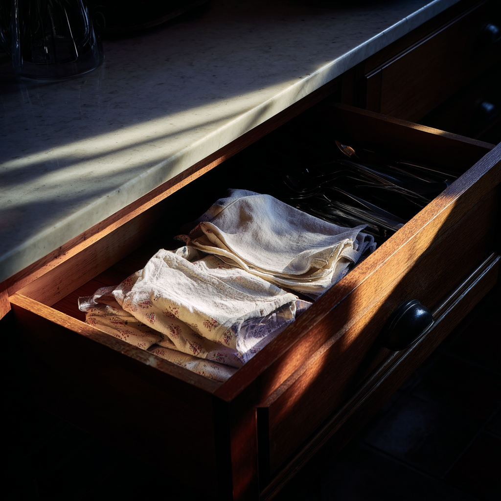 Una foto que muestra delantales doblados en un cajón de la cocina | Fuente: Midjourney