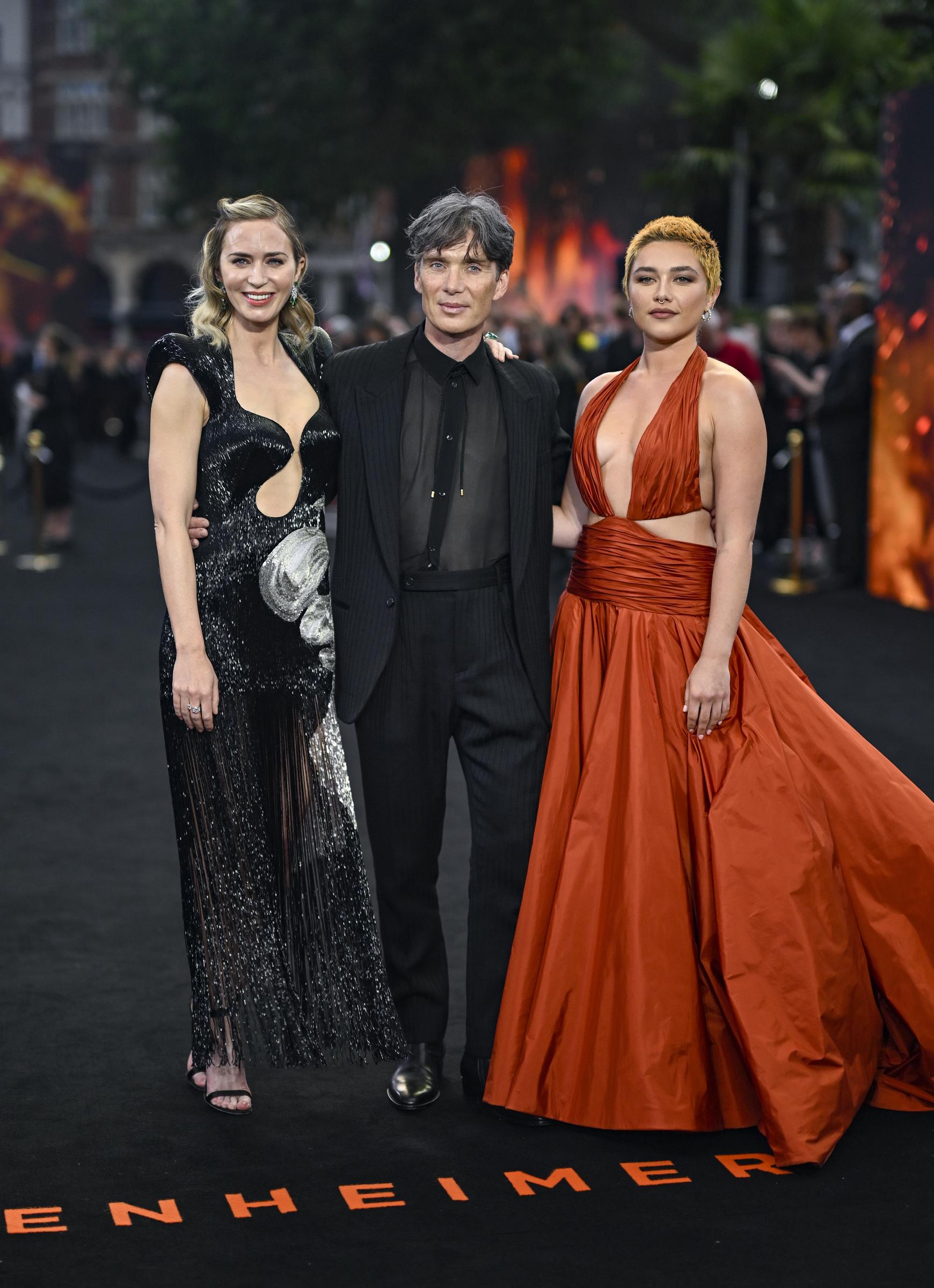 Emily Blunt, Cillian Murphy y Florence Pugh en el estreno de "Oppenheimer" en el Reino Unido, el 13 de julio de 2023, en Londres, Inglaterra | Fuente: Getty Images