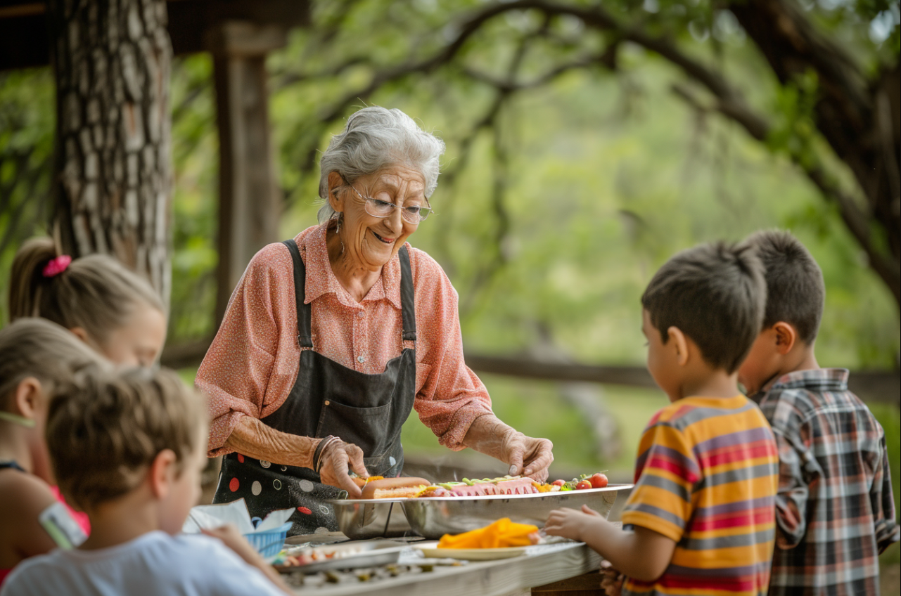 Una alegre señora mayor sirviendo comida a los niños | Fuente: MidJourney