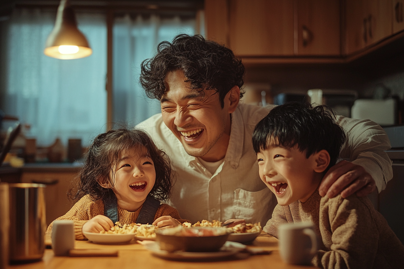 Un hombre con dos niños gemelos riendo y sonriendo mientras cenan en la mesa de la cocina | Fuente: Midjourney