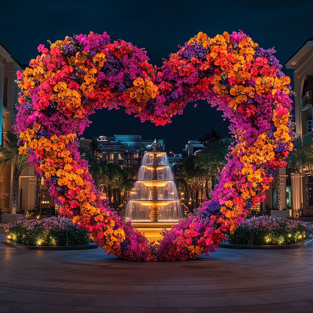 Impresionante vista de un arco floral ante una fuente | Fuente: Midjourney