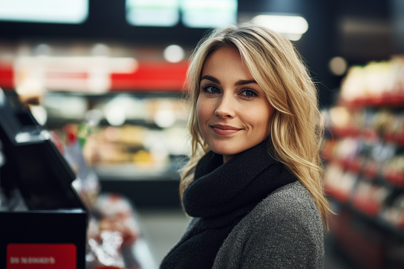 Una mujer sonriendo en una tienda de comestibles | Fuente: Midjourney