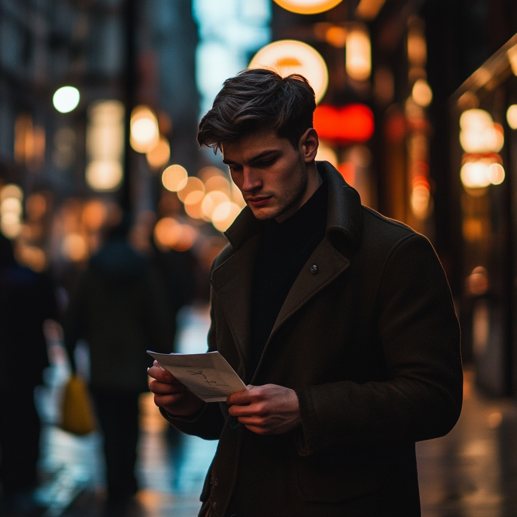 Un hombre mirando una carta en una calle | Fuente: Midjourney