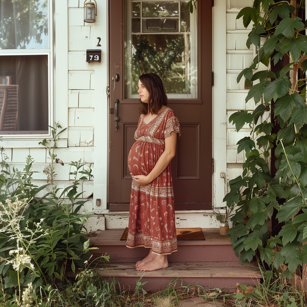 Una mujer embarazada delante de su casa | Fuente: Midjourney