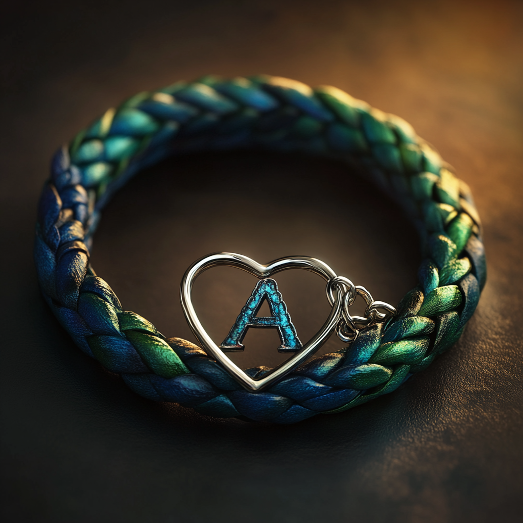 Pulsera de cuero trenzado azul y verde con una inicial en un adorno en forma de corazón | Fuente: Midjourney