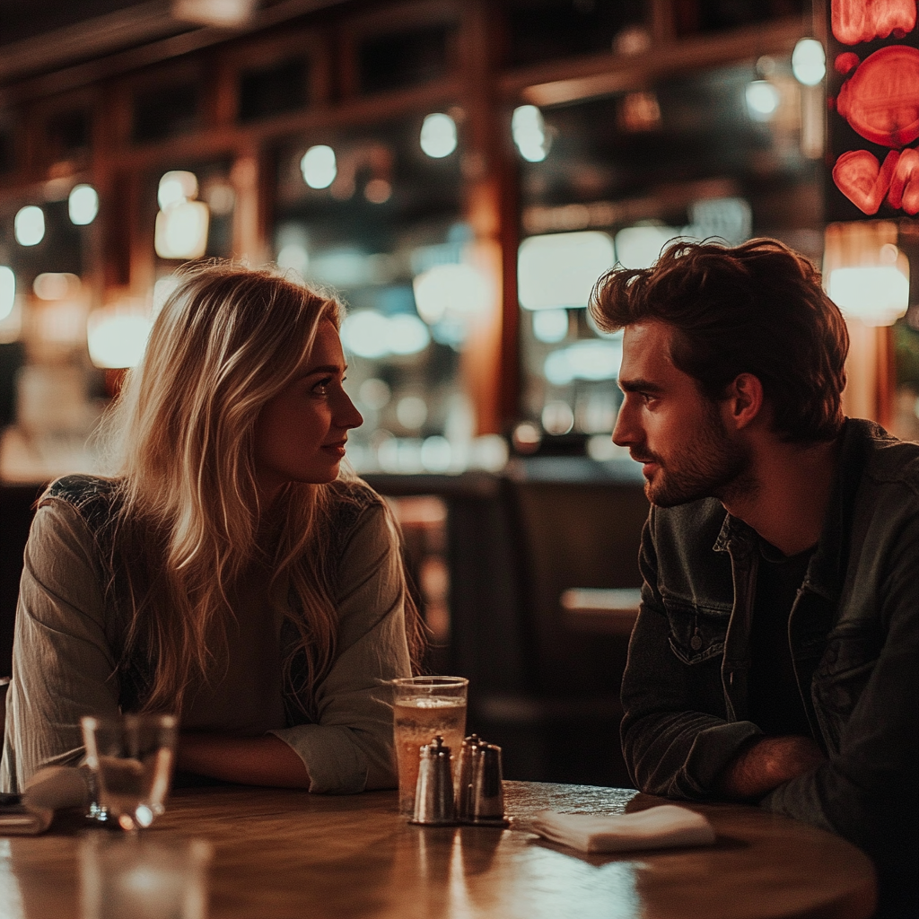 Un hombre hablando con su novia en un restaurante | Fuente: Midjourney