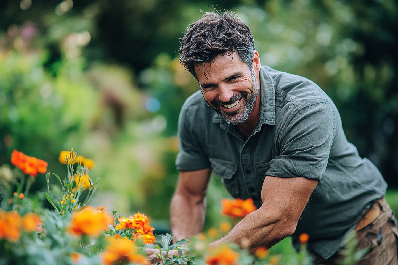 Hombre feliz trabajando en el jardín | Fuente: Midjourney