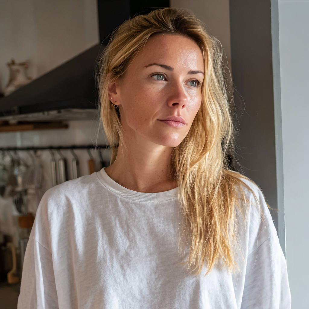 Una donna preoccupata in piedi in una cucina Fonte: Midjourney