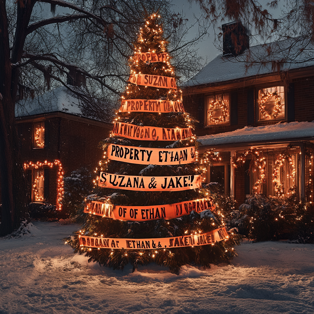 Un mensaje en cinta aislante enrollado alrededor de un árbol de Navidad | Fuente: Midjourney