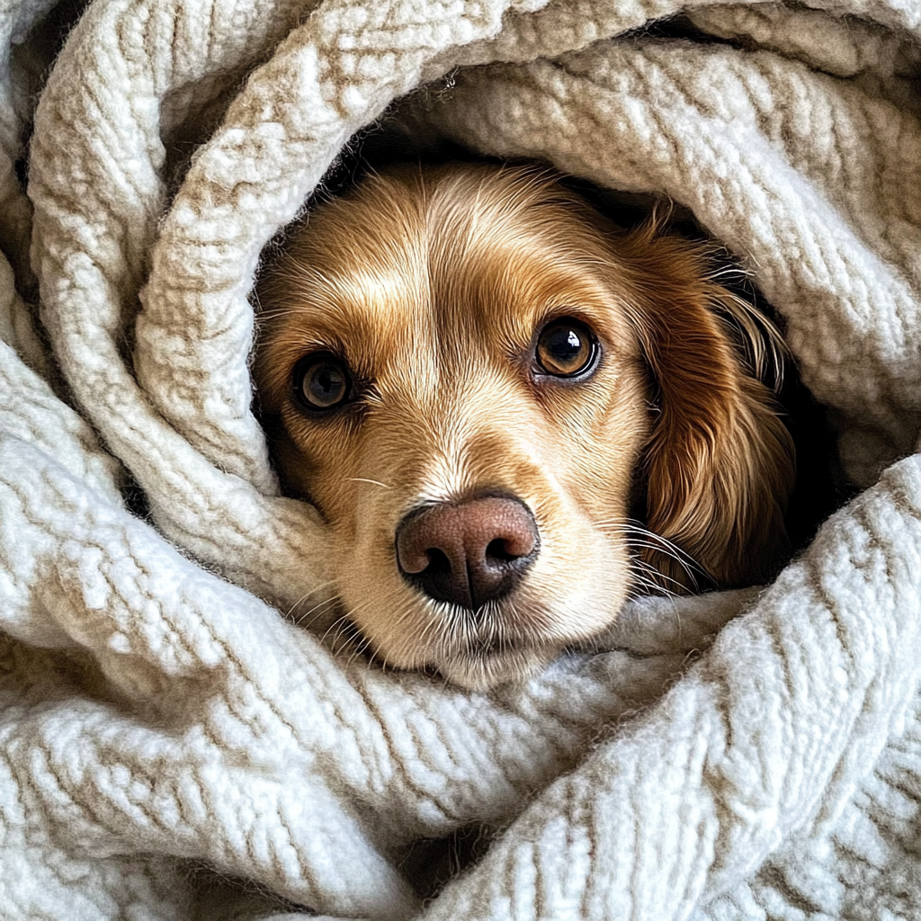 Un cachorro envuelto en una manta | Fuente: Midjourney