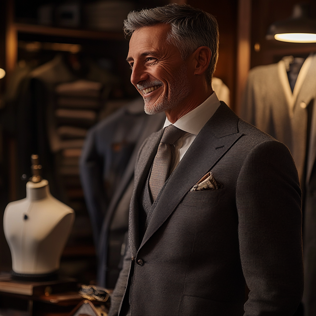 Un hombre feliz con traje | Fuente: Midjourney