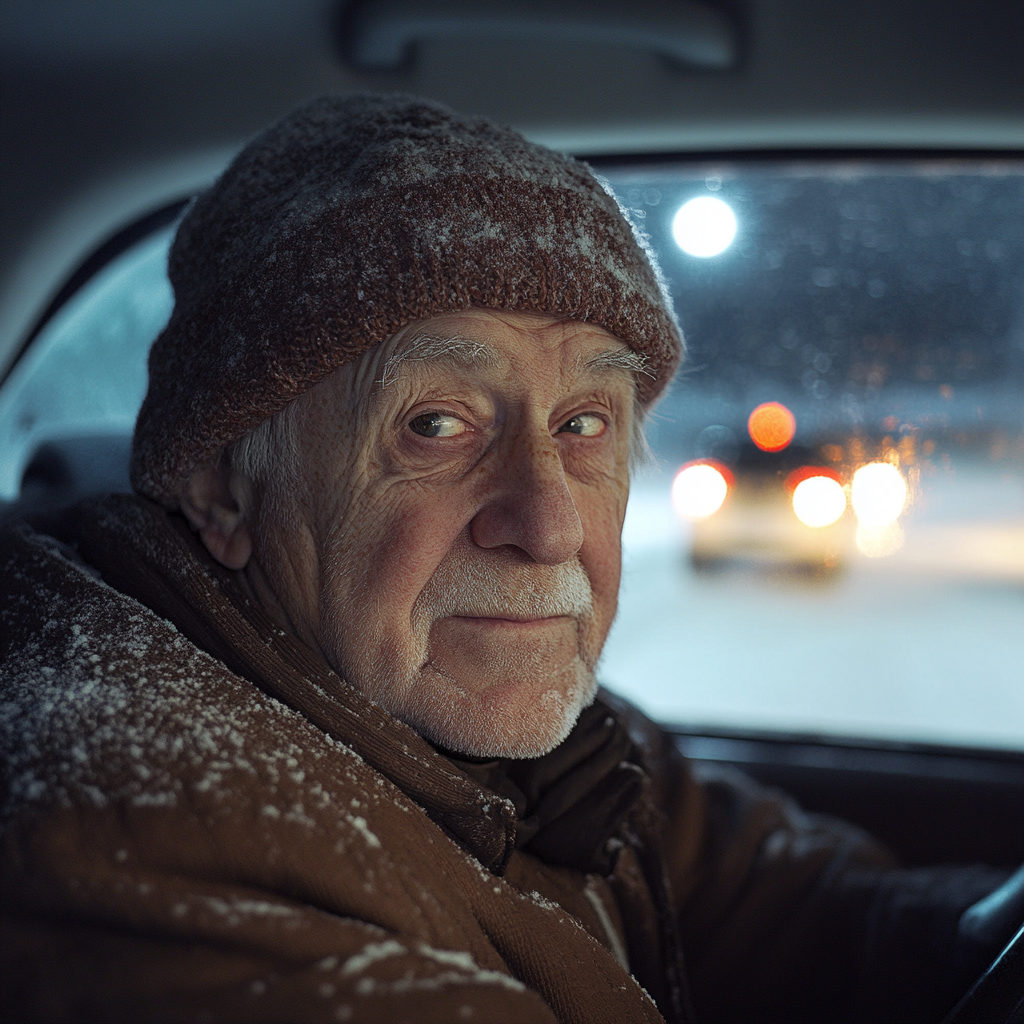 Un hombre con una débil sonrisa en un automóvil | Fuente: Midjourney