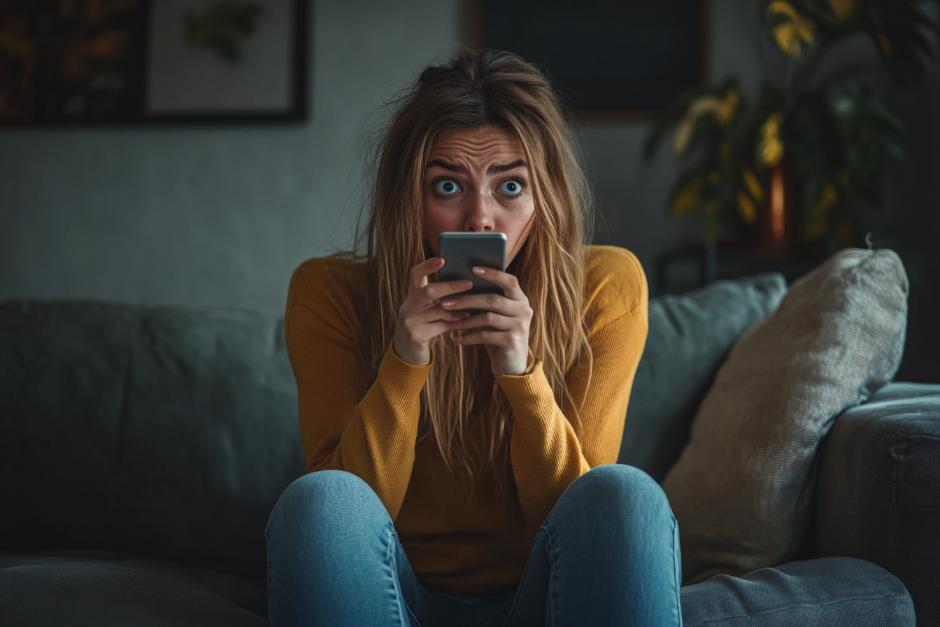 Una mujer conmocionada haciendo scroll en su teléfono | Fuente: Midjourney