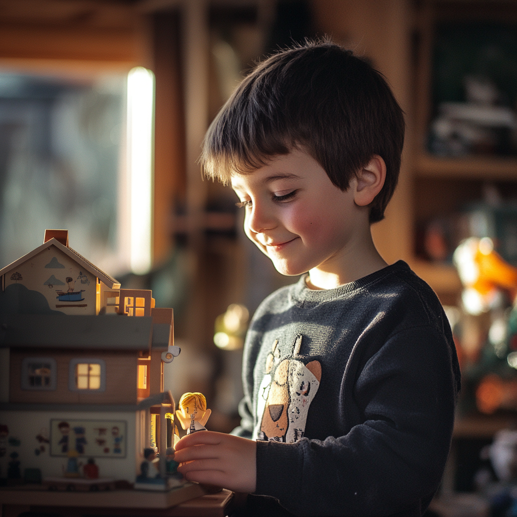 Un niño jugando con una casa de muñecas | Fuente: Midjourney