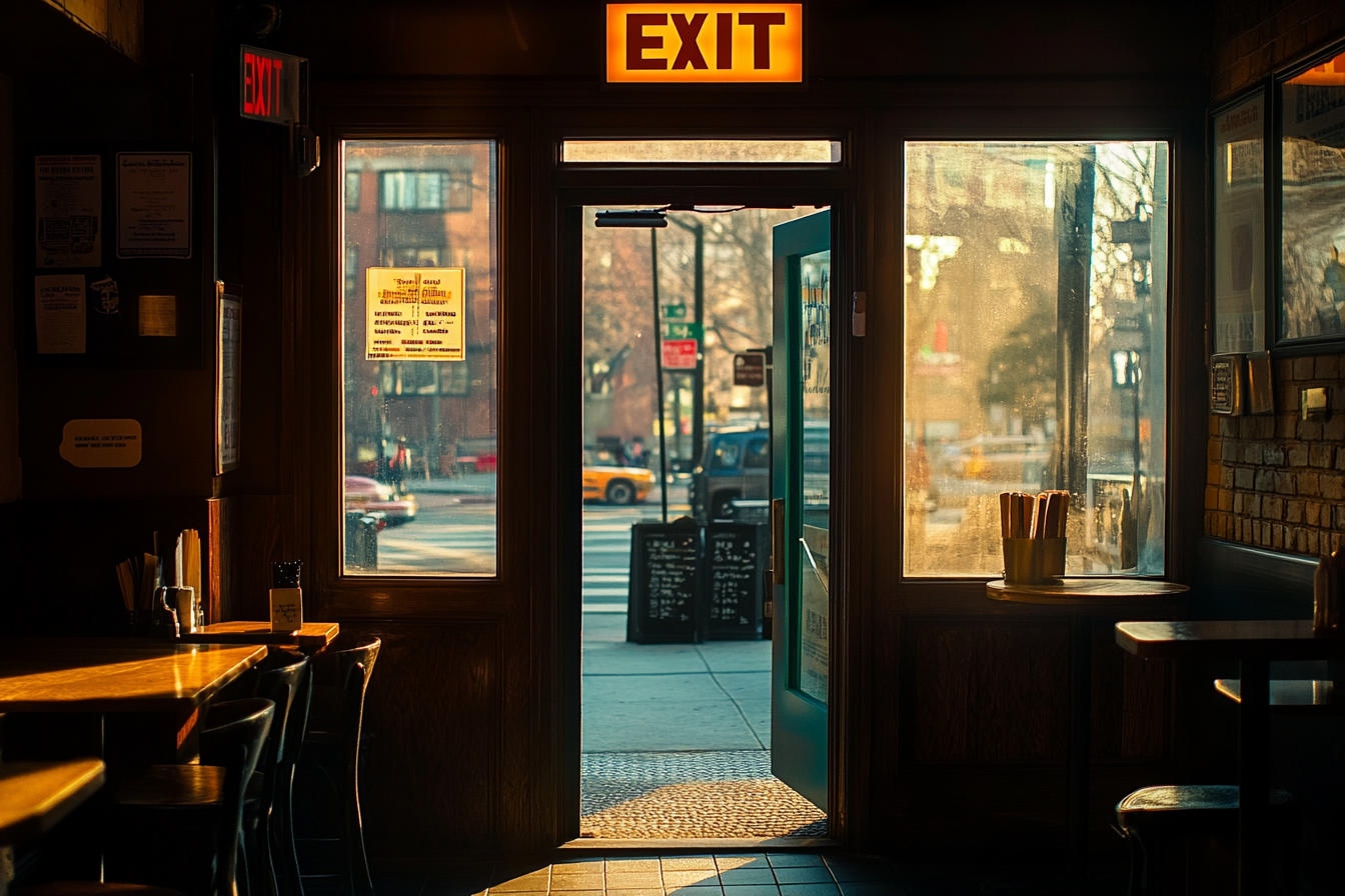 La puerta de una cafetería con una señal de salida | Fuente: Midjourney