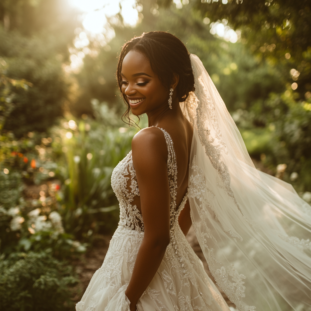 Una mujer feliz vestida de novia | Fuente: Midjourney