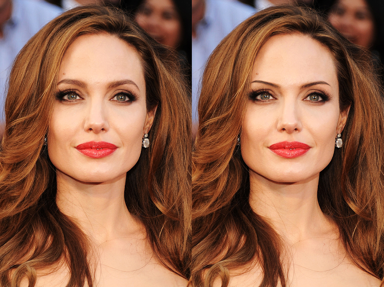 Las atrevidas cejas originales de Angelina Jolie de 2012 frente a un look de cejas finas editado digitalmente | Fuente: Getty Images