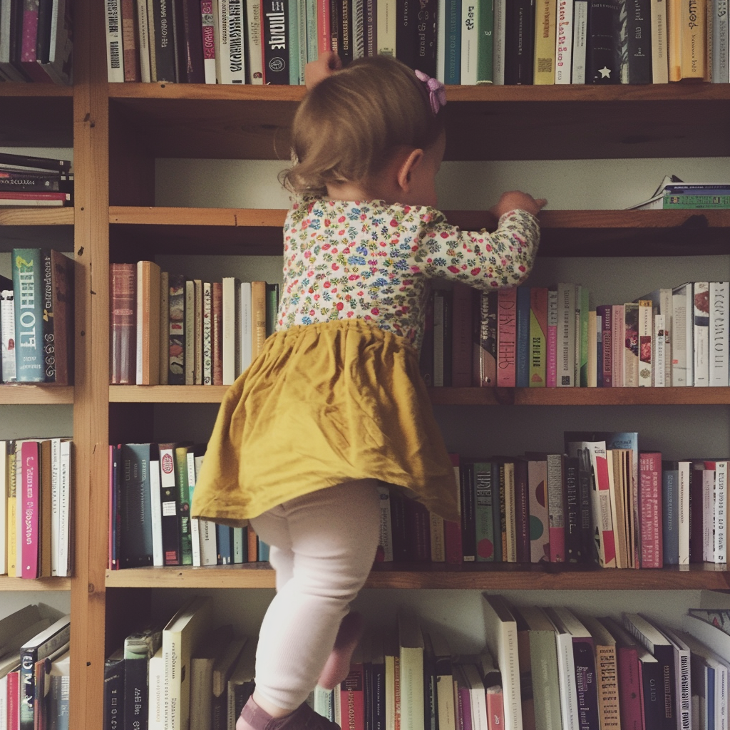 Una niña trepando por una estantería | Fuente: Midjourney