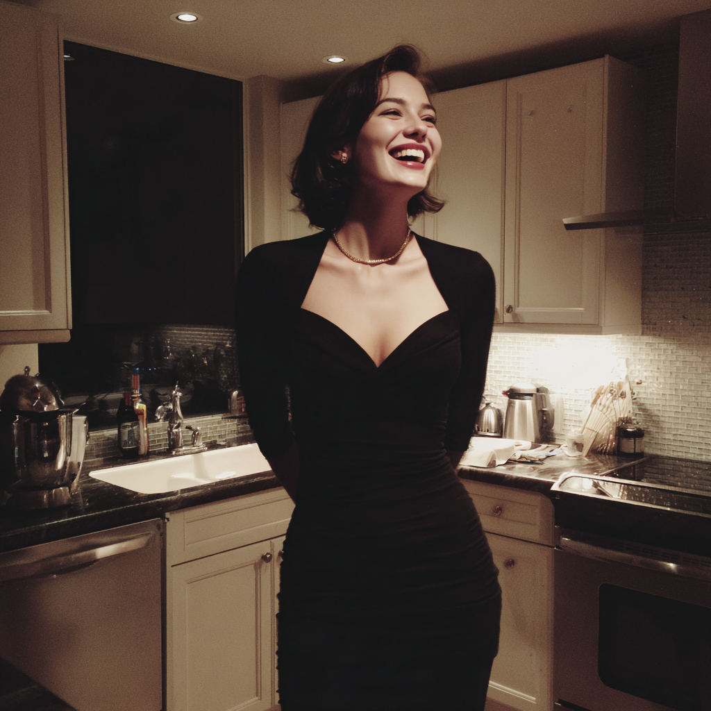 Una mujer divertida de pie en una cocina | Fuente: Midjourney