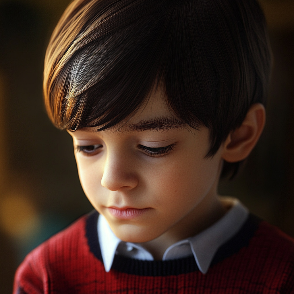 Un niño triste con la mirada gacha | Fuente: Midjourney