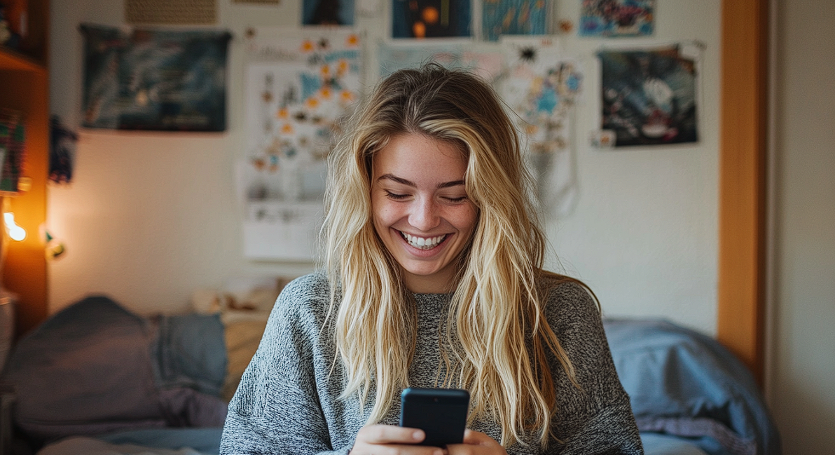 Una mujer sonriendo mientras envía mensajes de texto | Fuente: Midjourney