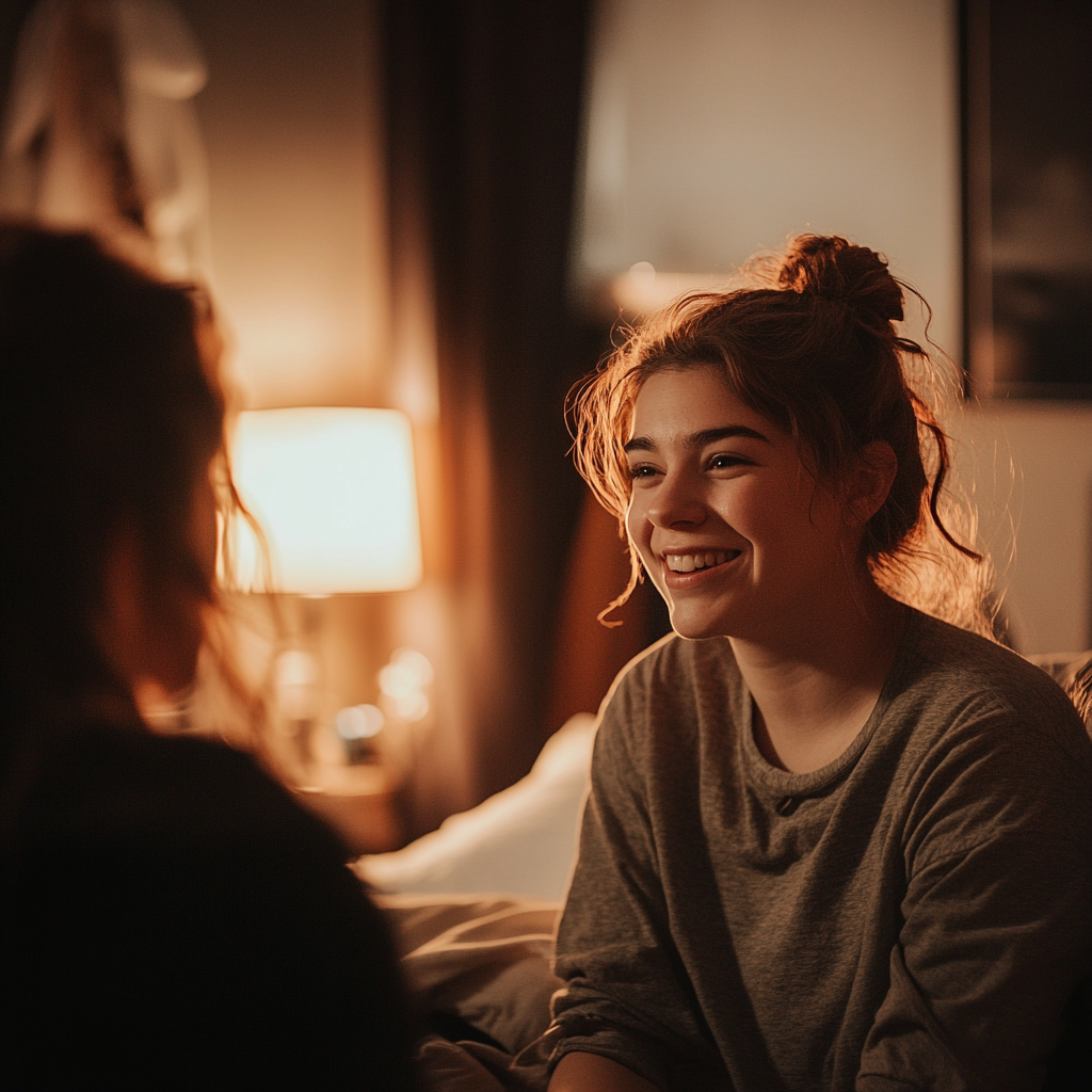 Una mujer sonriente hablando con su hermana en su habitación | Fuente: Midjourney