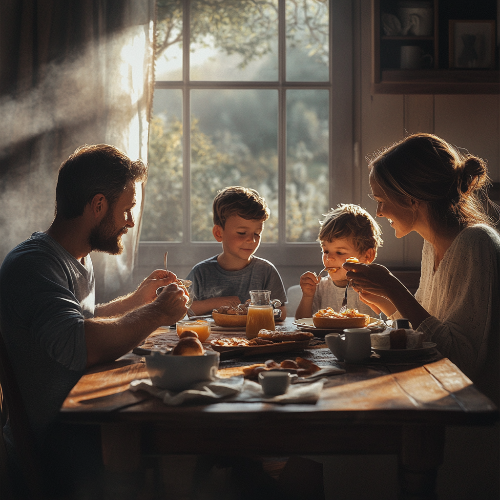 Una familia desayunando | Fuente: Midjourney