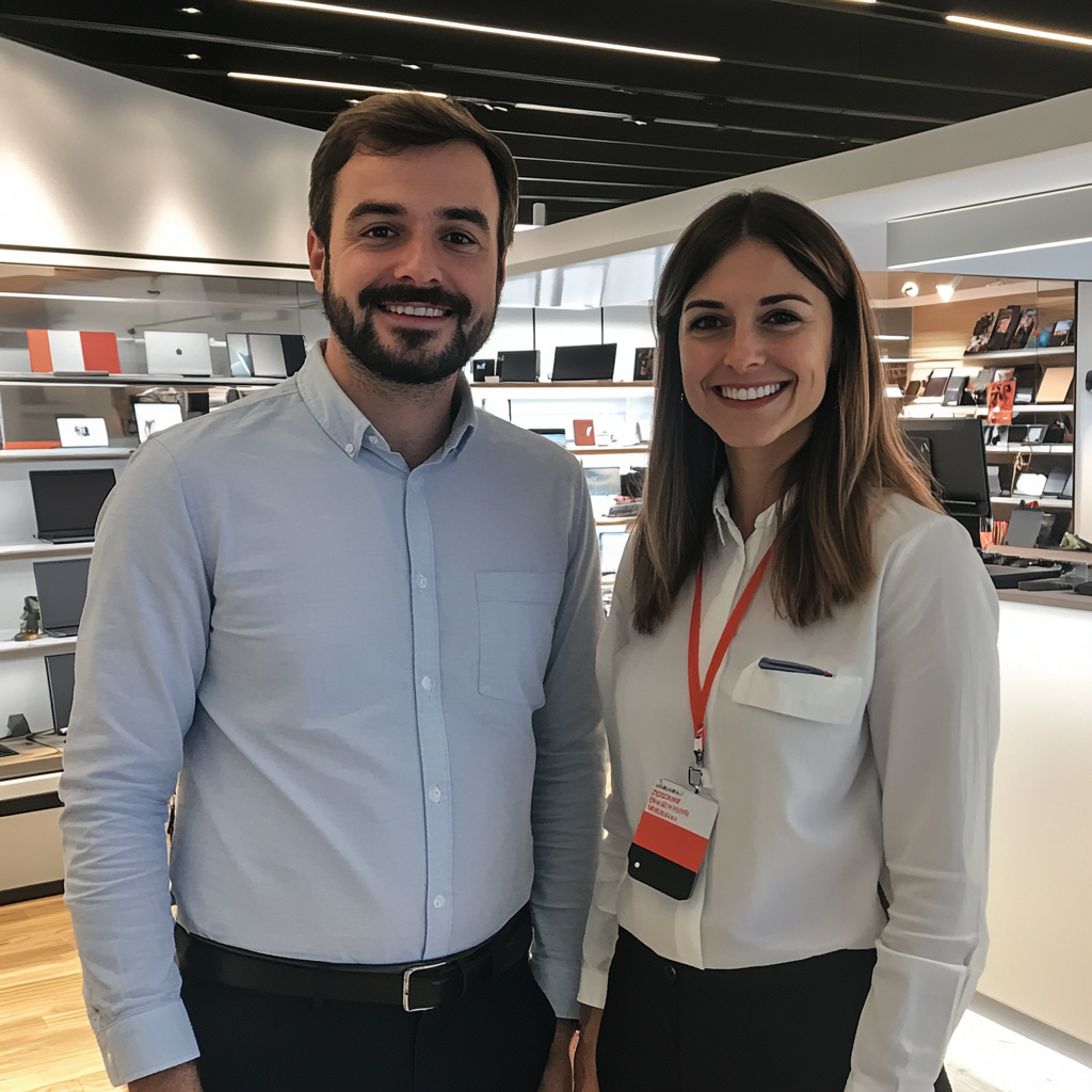 Una pareja sonriente en una tienda de tecnología | Fuente: Midjourney