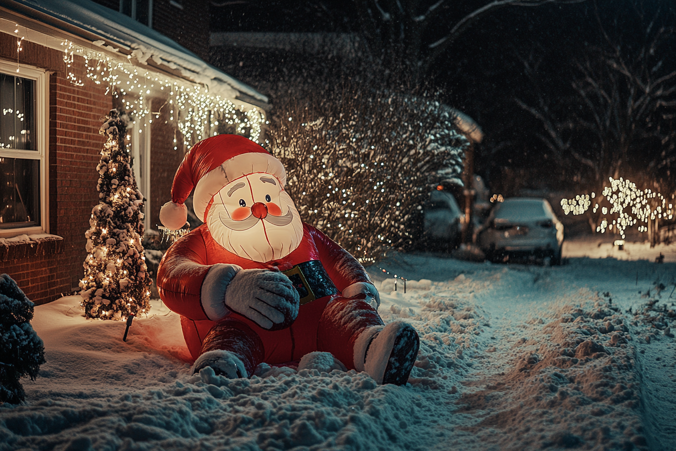 Papá Noel inflable volcado en un patio nevado | Fuente: Midjourney