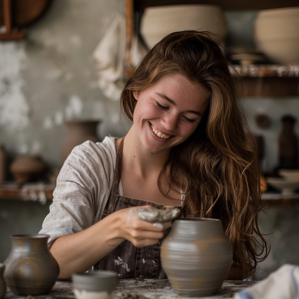 Una joven sonriente haciendo cerámica | Fuente: Midjourney