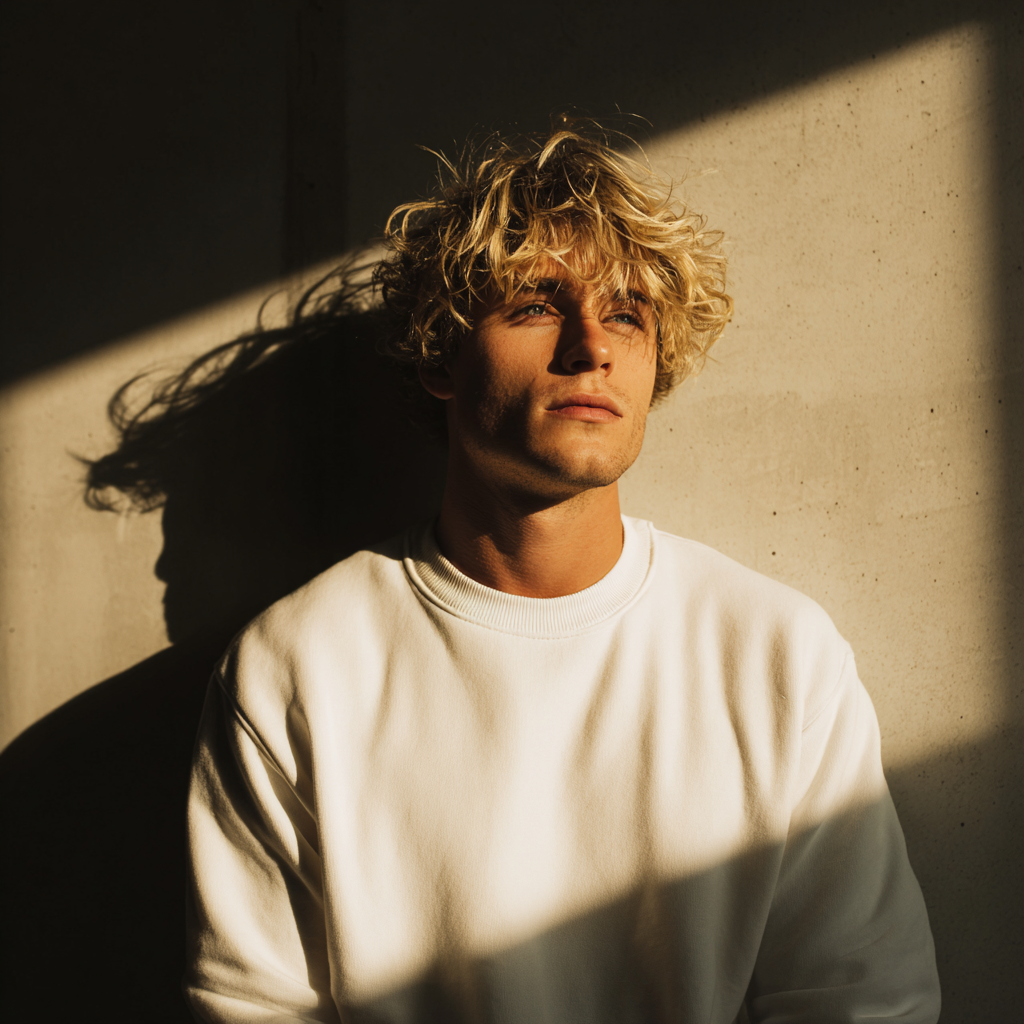 Un giovane pensieroso che indossa un maglione bianco | Fonte: Midjourney