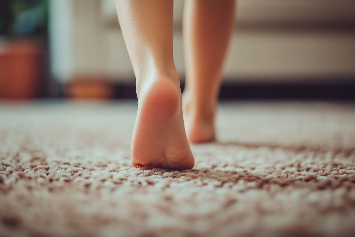 Una niña caminando descalza sobre una alfombra | Fuente: Midjourney