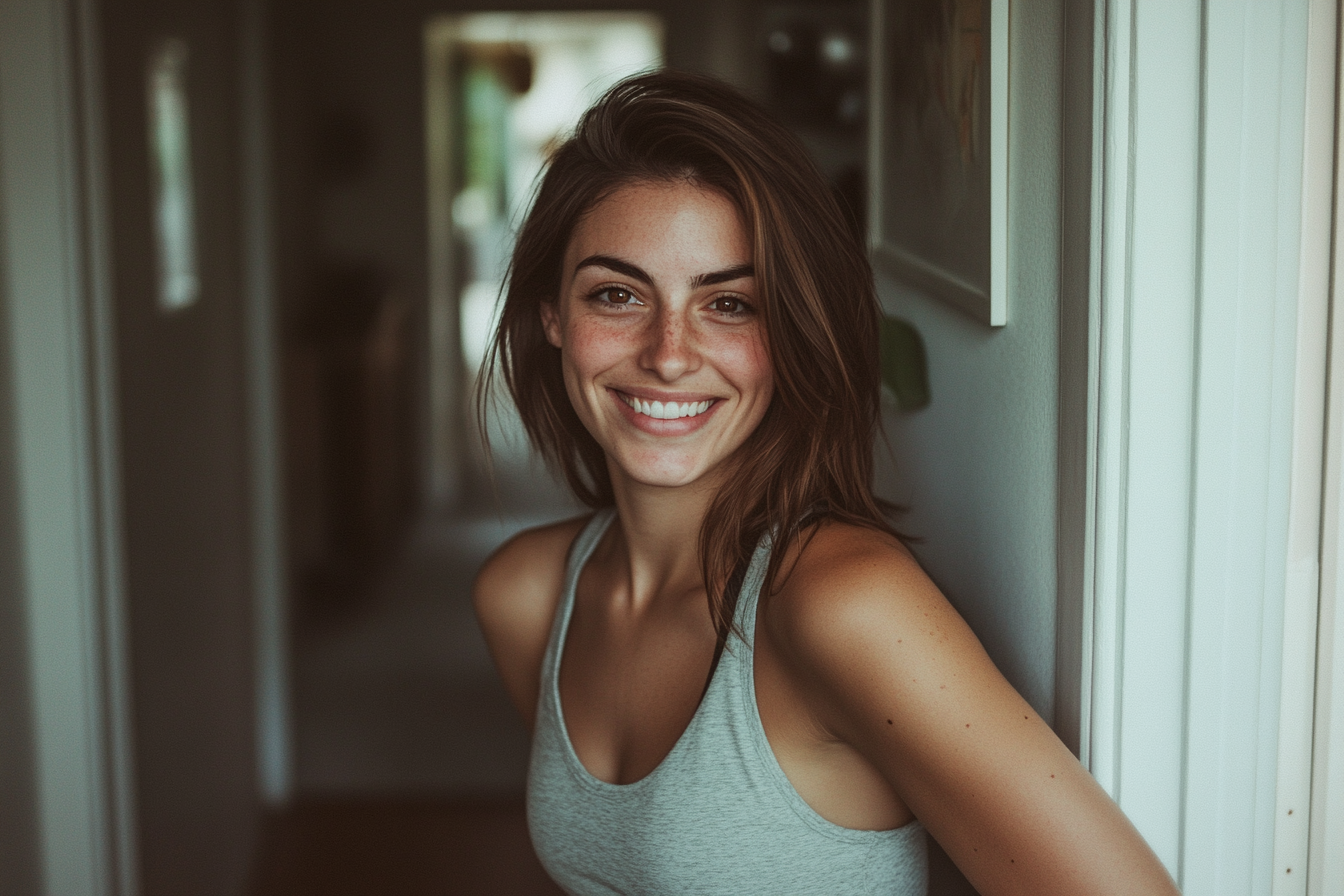 Una mujer sonriente de pie en un pasillo | Fuente: Midjourney