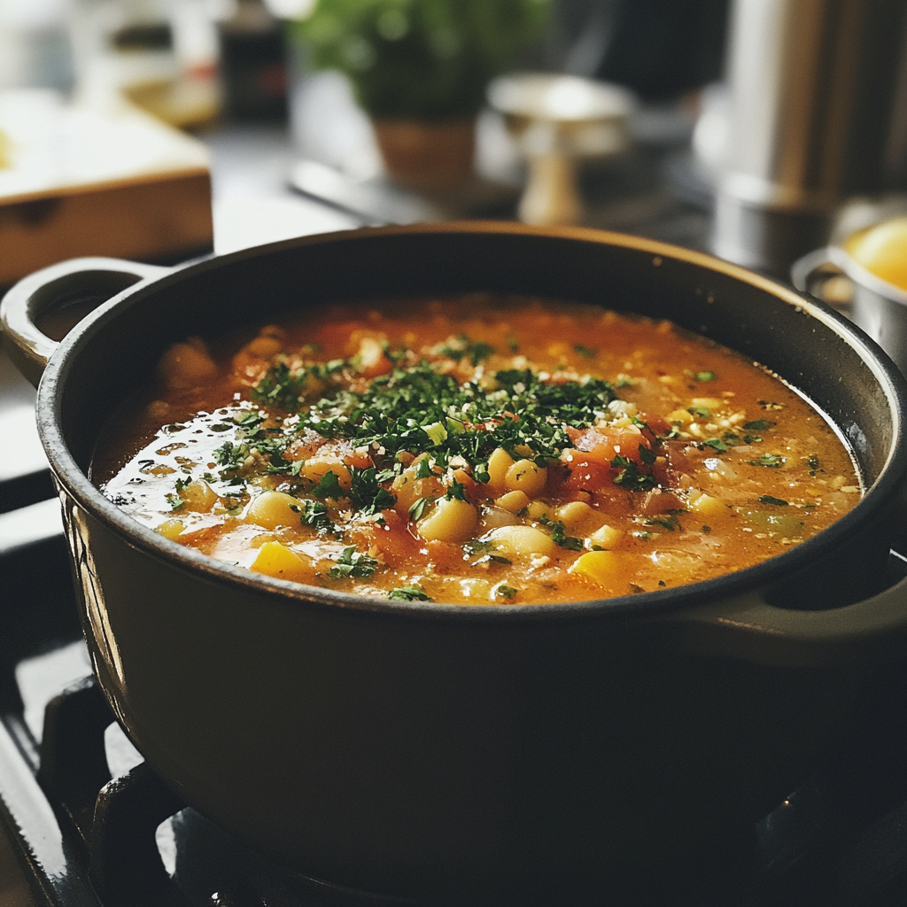 Una olla de sopa sobre un hornillo | Fuente: Midjourney