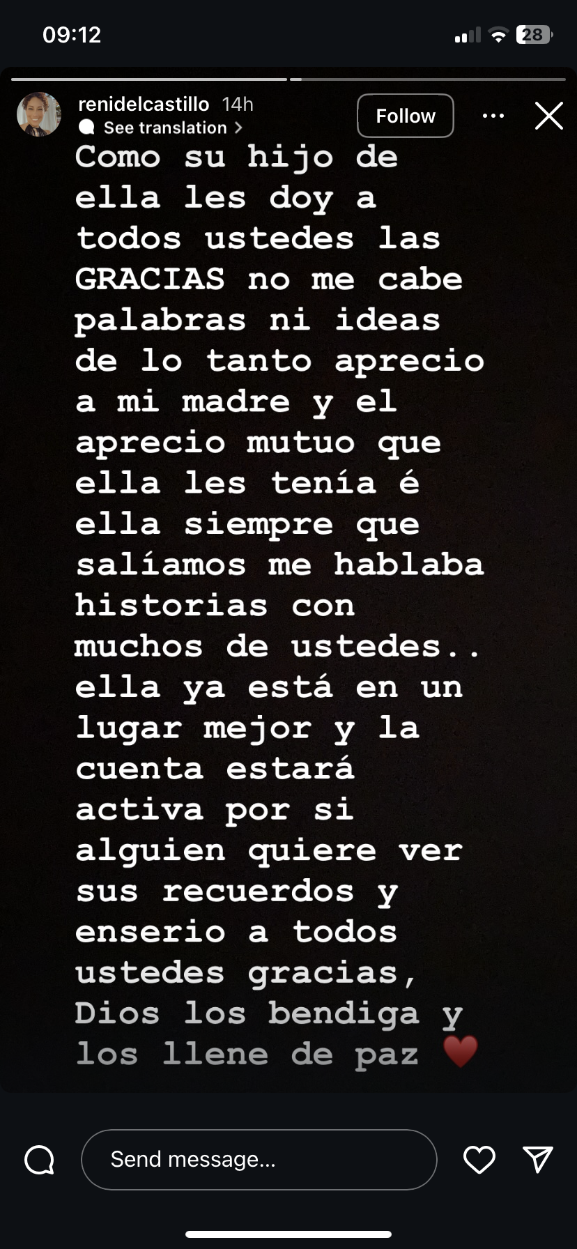 Mensaje del hijo de Renata tras la muerte de la actriz. | Fuente: instagram.com/renidelcastillo