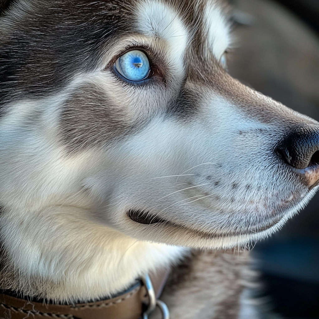 Primer plano de un husky con collar | Fuente: Midjourney