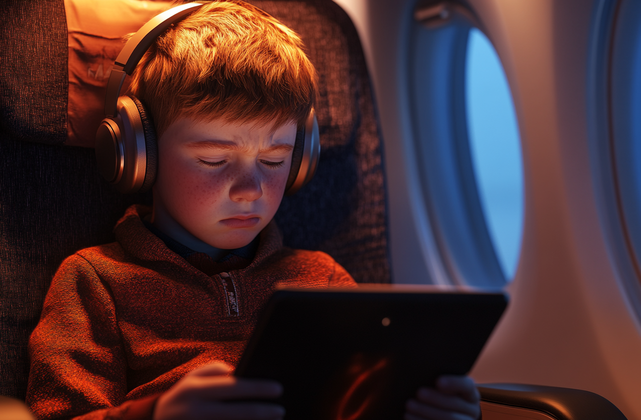 Un niño con auriculares sentado dentro de un avión | Fuente: Midjourney