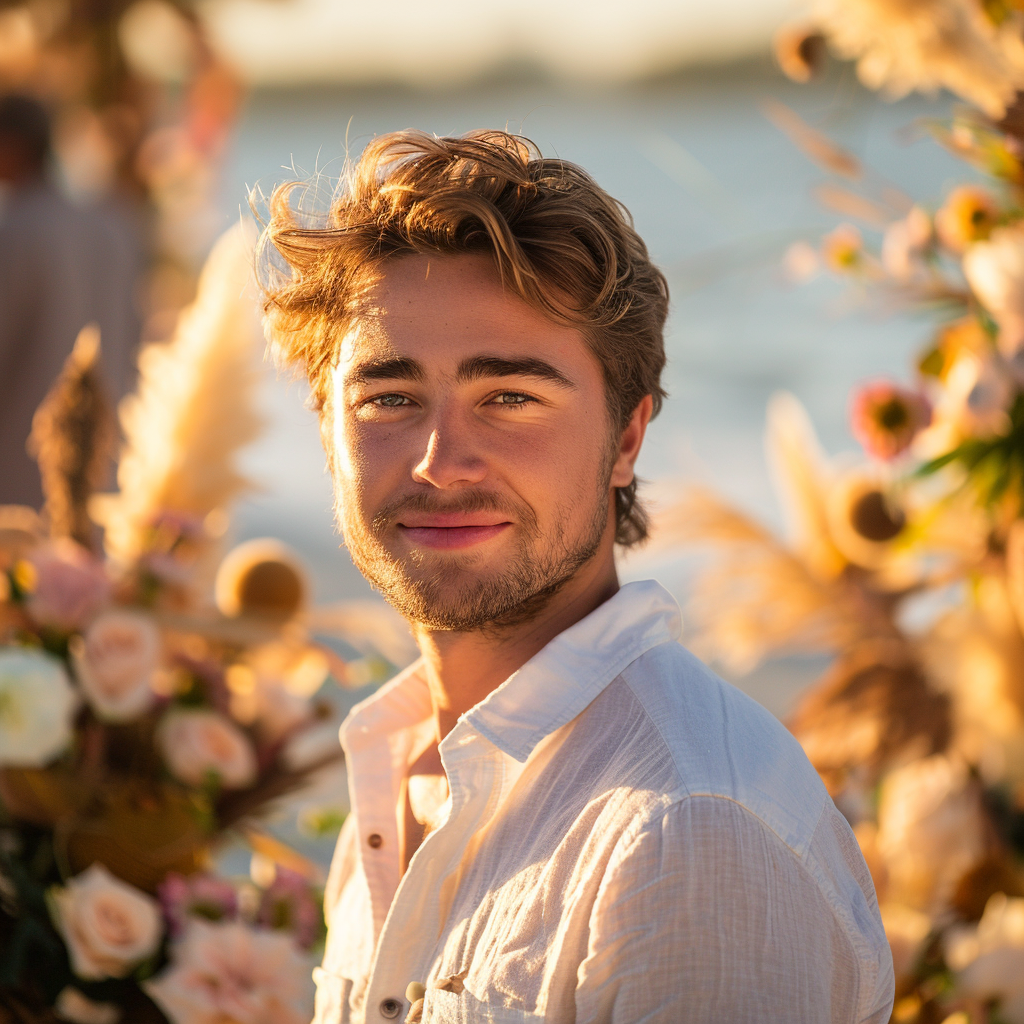 Un hombre sonriente de pie en una playa | Fuente: Midjourney