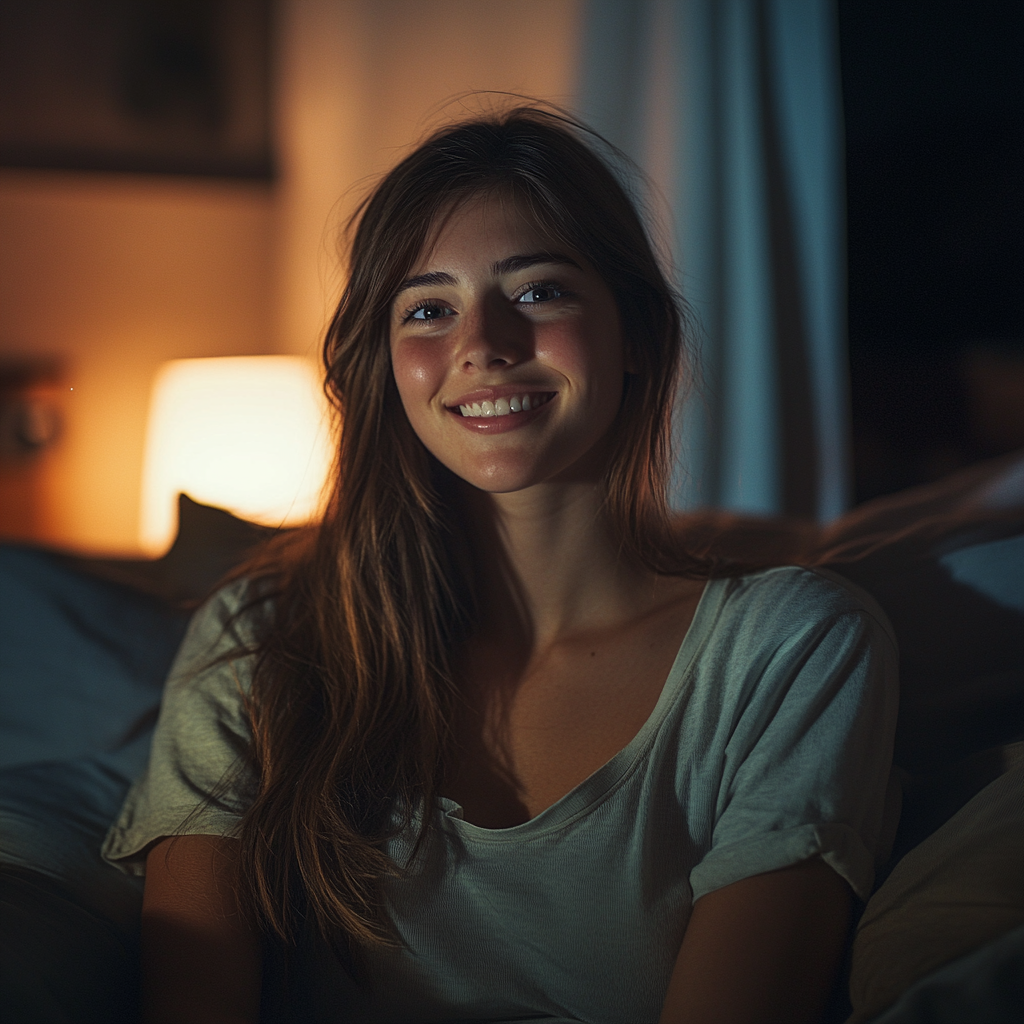 Una mujer sonriente en su dormitorio | Fuente: Midjourney