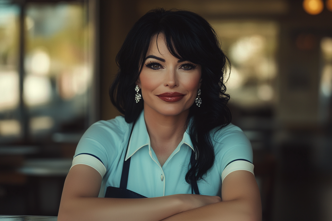 Mujer elegante con uniforme de camarera sentada a la mesa de un café y sonriendo | Fuente: Midjourney