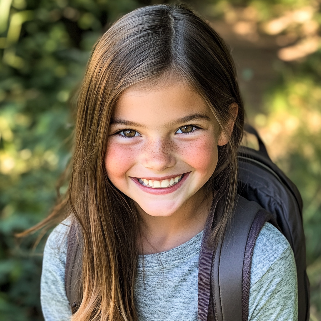 Una niña sonriente con una mochila | Fuente: Midjourney