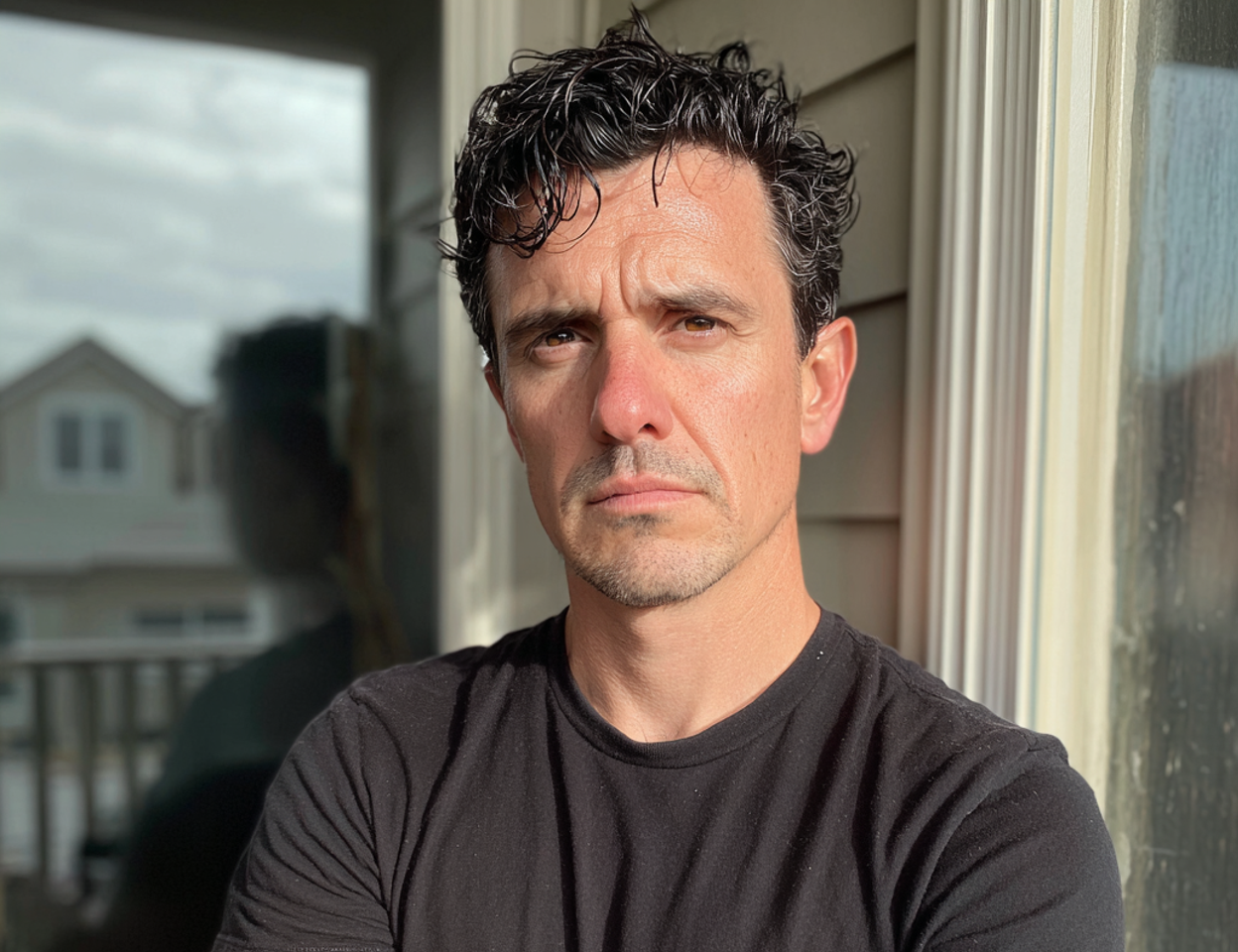 Un hombre molesto parado afuera | Fuente: Midjourney