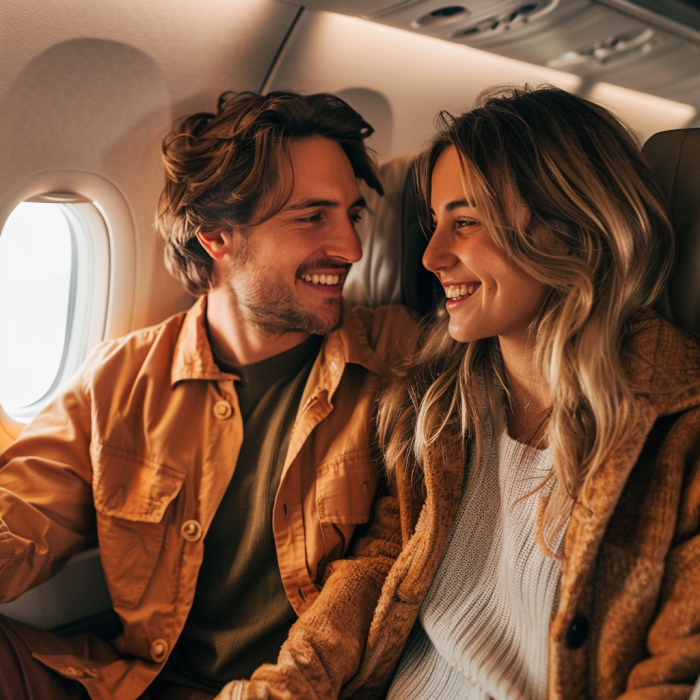 Una pareja feliz volando en un avión | Fuente: Midjourney