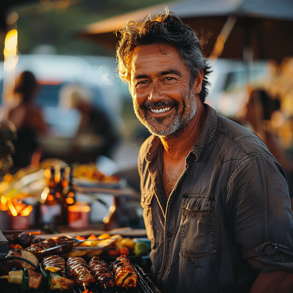 Un hombre feliz de mediana edad en una barbacoa | Fuente: Midjourney