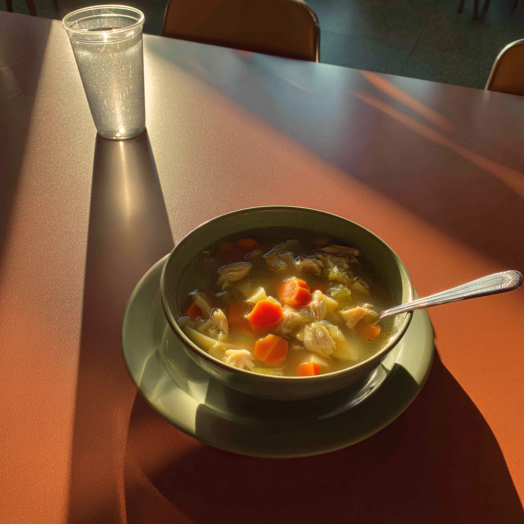 Un cuenco de sopa de pollo sobre una mesa | Fuente: Midjourney
