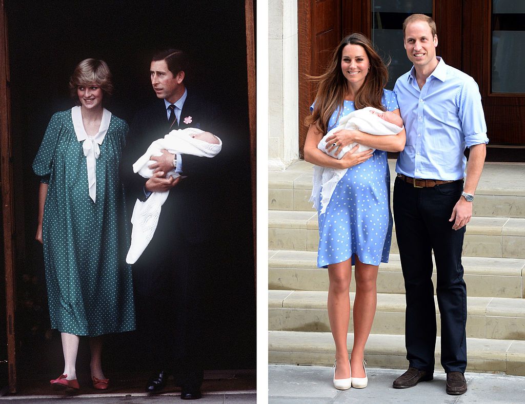 Diana y Charles con William en brazos en junio de 1982 en Londres / Kate y William con George en brazos en julio de 2013 en Londres. | Foto: Getty Images