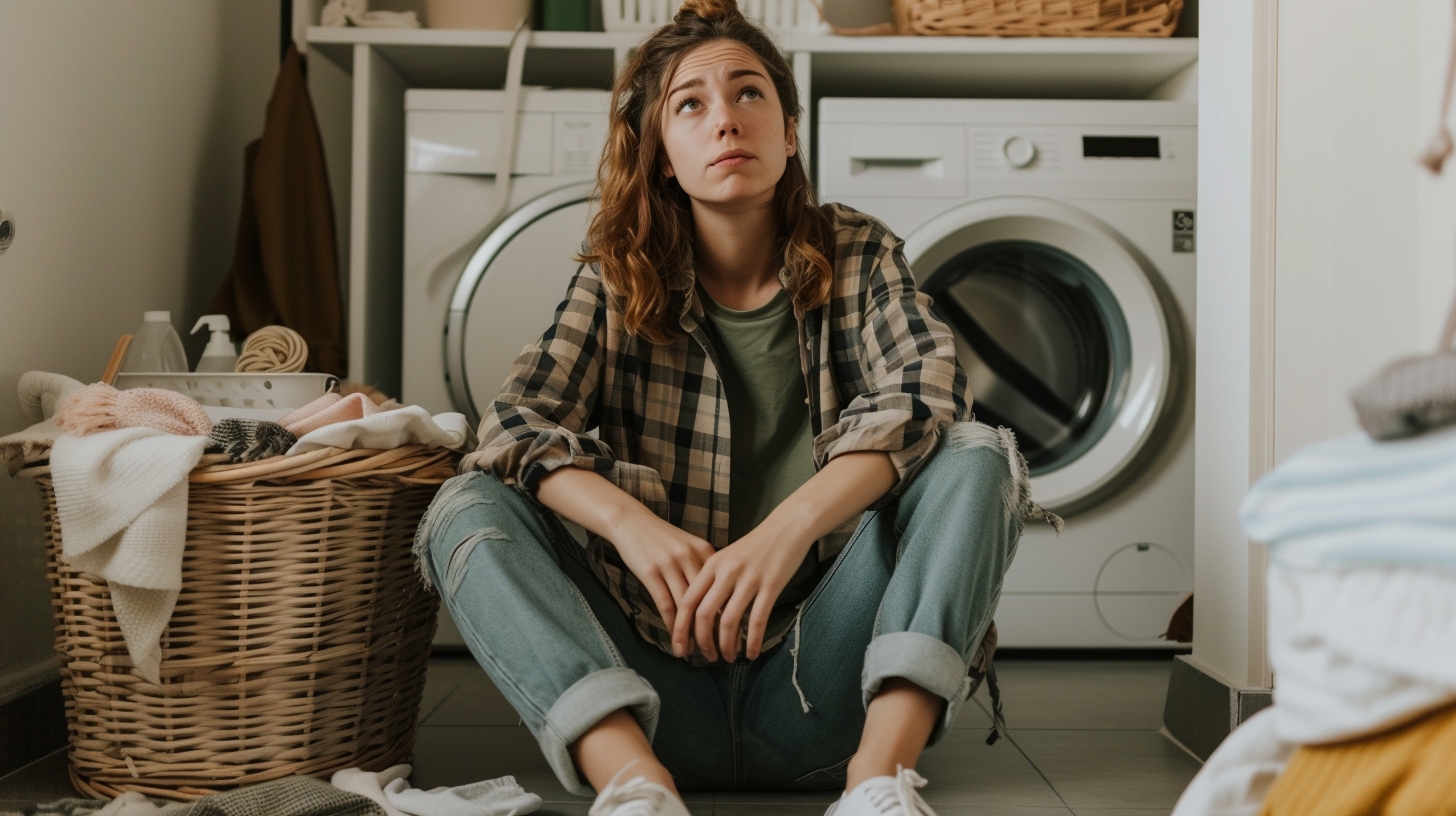 Mujer sentada en el suelo con la ropa sucia | Fuente: Midjourney