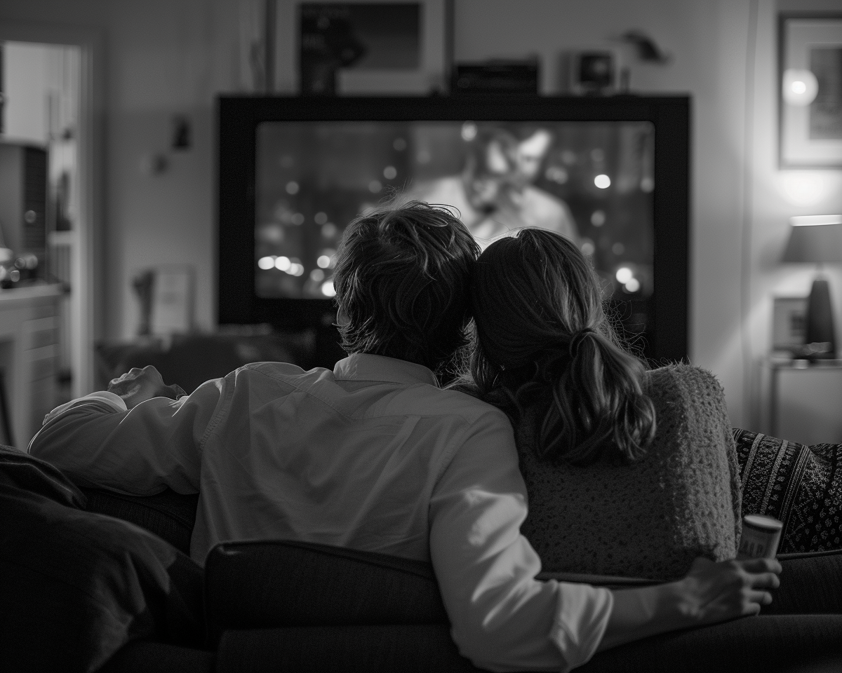 Una pareja sentada viendo la tele | Fuente: Midjourney