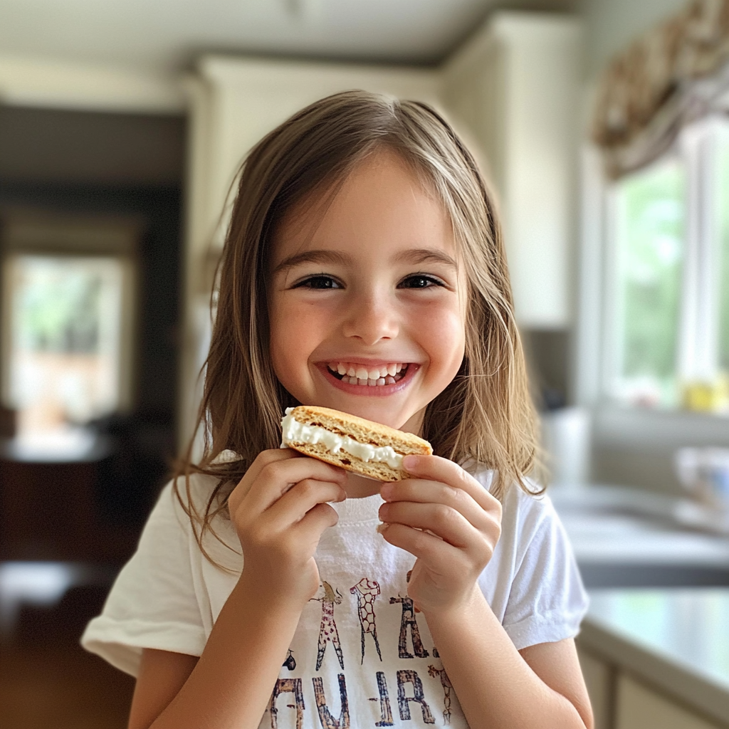 Una niña sonriente con un bocadillo de helado en la mano | Fuente: Midjourney